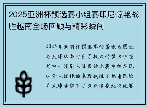 2025亚洲杯预选赛小组赛印尼惊艳战胜越南全场回顾与精彩瞬间