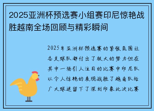 2025亚洲杯预选赛小组赛印尼惊艳战胜越南全场回顾与精彩瞬间